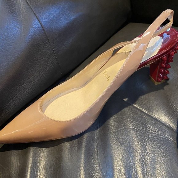 Louboutin Tan Nude Spike Red Heel & Red Bottom Slingbacks 39 Worn Once - Picture 9 of 11